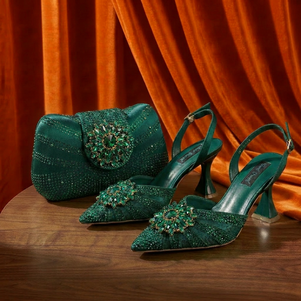 Women Bags 2026 - 2026 Women's Elegant Green Rhinestone Slingback