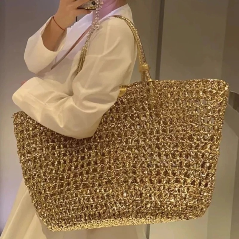 Metallic Woven Tote Bag Women  – обзор и цена Women Bags Gold