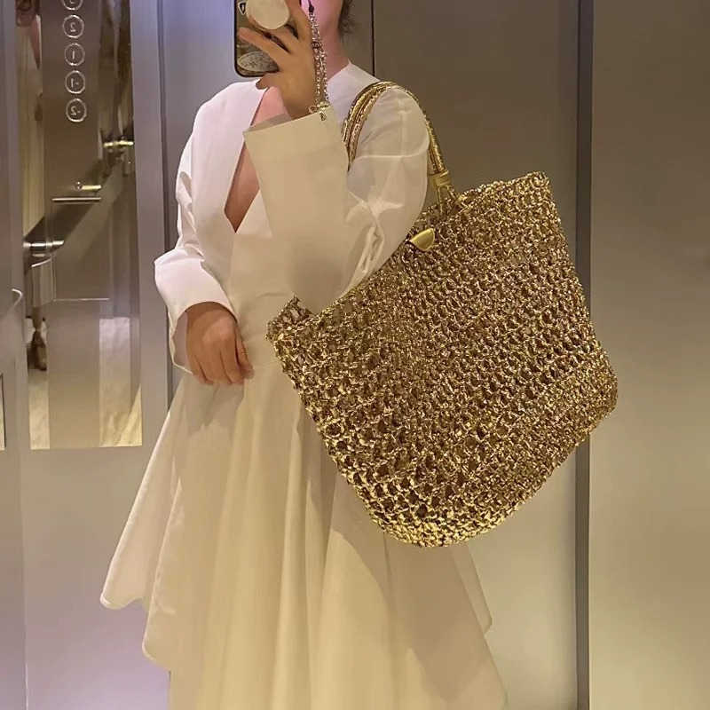 Metallic Woven Tote Bag Women  – обзор и цена Women Bags Gold